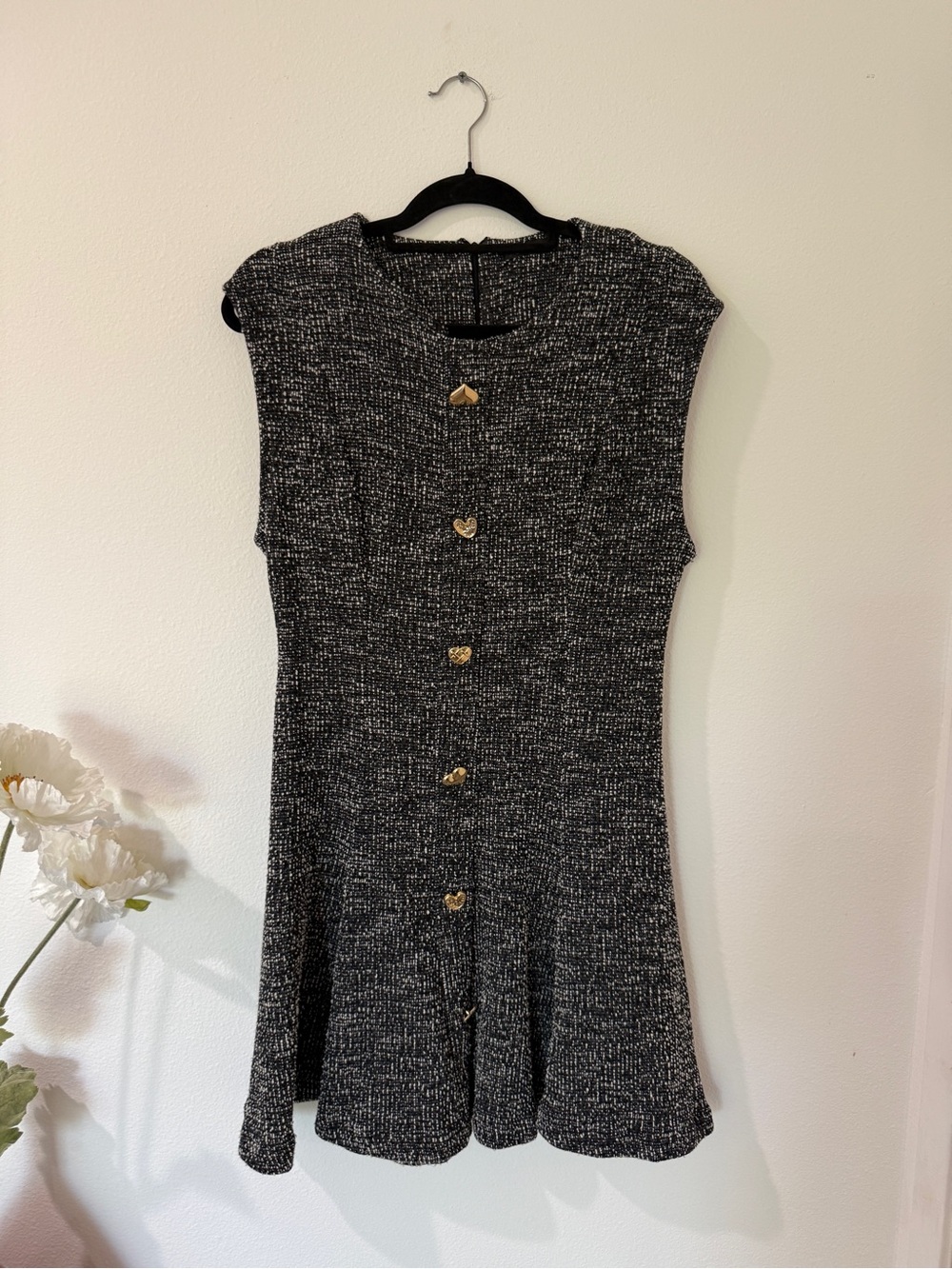 Zara Black & White Marled Knit Dress with Gold Heart Buttons